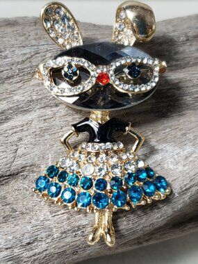 New Brooch Cat or Mouse with Glasses studded with Rhinestones Mouse in Dress